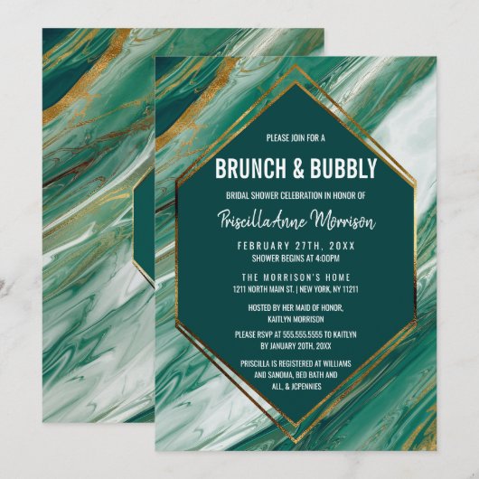 Emerald Gold Abstracte Agaat Marmeren Brunch Bubbl Kaart (Voorkant / Achterkant)