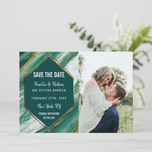 Emerald Gold Abstracte Agate Marble Save the Date (Staand voorkant)