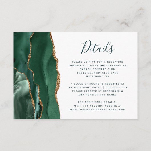 Emerald Gold Agate Green Script Wedding Details Informatiekaartje (Voorkant)