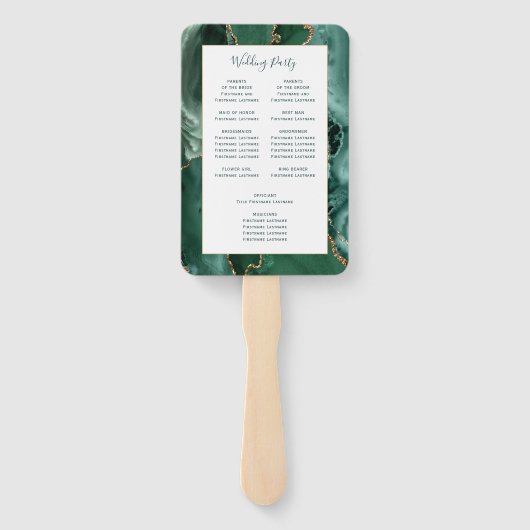 Emerald Gold Agate Green Script Wedding Program Handwaaier (Achterkant)
