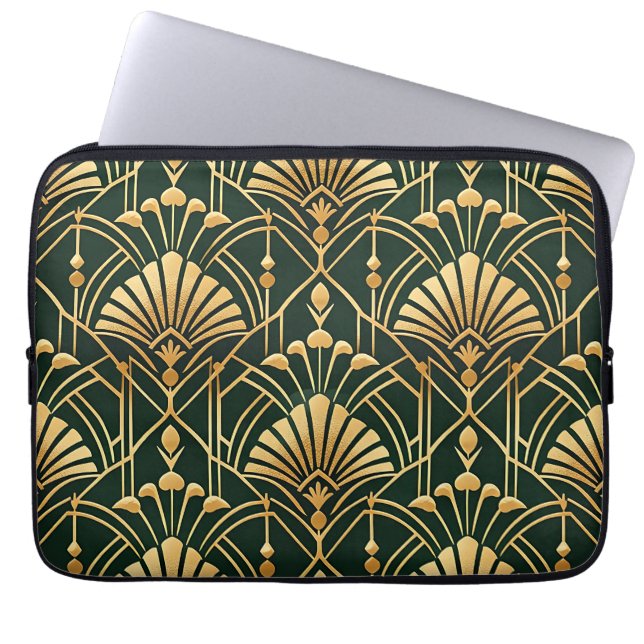 Emerald Gold Art Deco Pattern Laptop Sleeve (Voorkant)