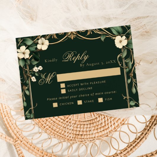 Emerald Gold Art Nouveau wedding meal choice RSVP