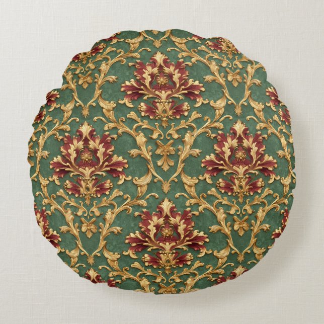 Emerald Gold Baroque Damask Rond Kussen (Voorkant)
