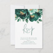 Emerald Gold Bloemen Script QR Code Trouwen RSVP Kaartje (Voorkant)