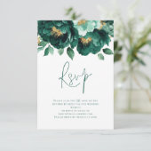 Emerald Gold Bloemen Script QR Code Trouwen RSVP Kaartje (Staand voorkant)