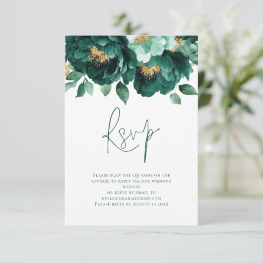 Emerald Gold Bloemen Script QR Code Trouwen RSVP Kaartje (Staand voorkant)