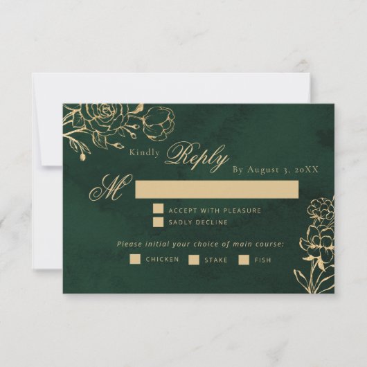 Emerald Gold Botanical wedding meal choice RSVP Kaartje (Voorkant)