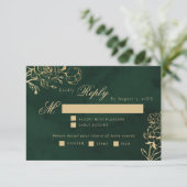 Emerald Gold Botanical wedding meal choice RSVP Kaartje (Staand voorkant)