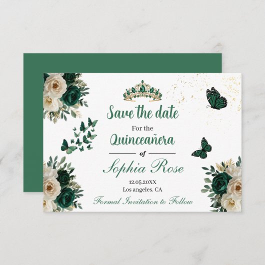Emerald Gold Butterfly Tiara Quinceañera Save Date Save The Date (Voorkant / Achterkant)