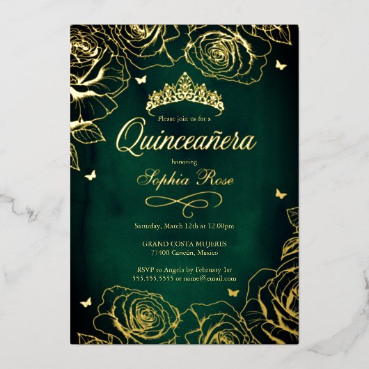 Emerald Gold Crown Rozen Theme Quinceanera Folie Uitnodiging (Voorkant)