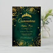 Emerald Gold Crown Rozen Theme Quinceanera Folie Uitnodiging (Staand Voorkant)