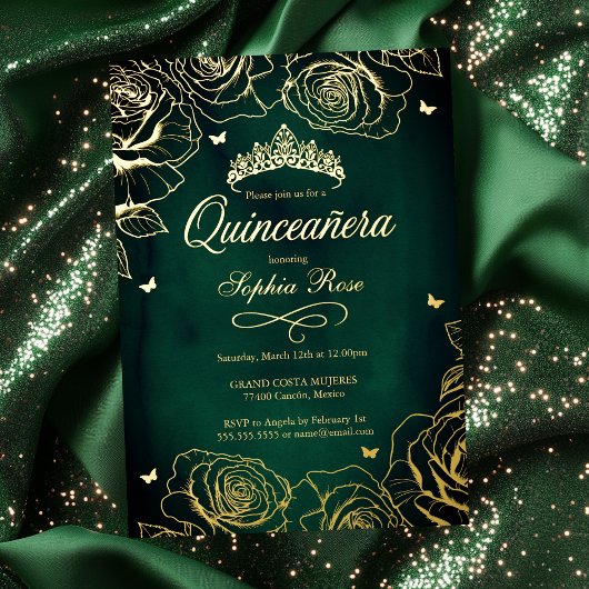 Emerald Gold Crown Rozen Theme Quinceanera Folie Uitnodiging