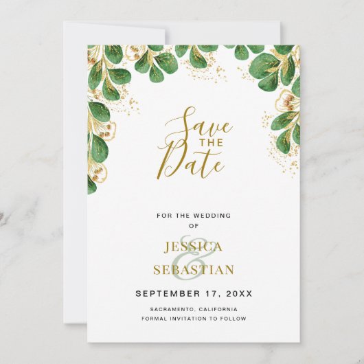 Emerald & Gold Eucalyptus Greenery Elegant Photo Save The Date (Voorkant)