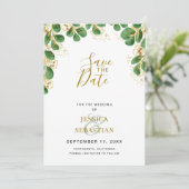 Emerald & Gold Eucalyptus Greenery Elegant Photo Save The Date (Staand voorkant)