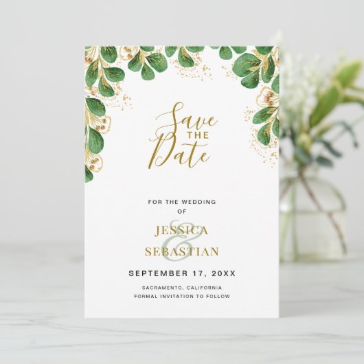 Emerald & Gold Eucalyptus Greenery Elegant Photo Save The Date (Staand voorkant)