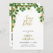 Emerald & Gold Eucalyptus Greenery Elegant Photo Save The Date (Voorkant / Achterkant)