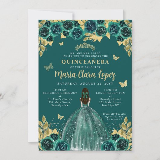 Emerald Gold Floral Butterfly Princess Quinceanera Kaart (Voorkant)
