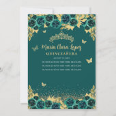 Emerald Gold Floral Butterfly Princess Quinceanera Kaart (Achterkant)