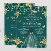 Emerald Gold Floral Butterfly Princess Quinceanera Kaart (Voorkant / Achterkant)
