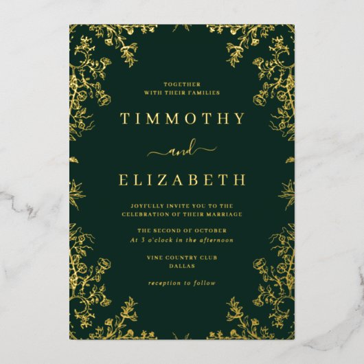 Emerald Gold Floral Elegante bruiloft Folie Uitnodiging (Voorkant)