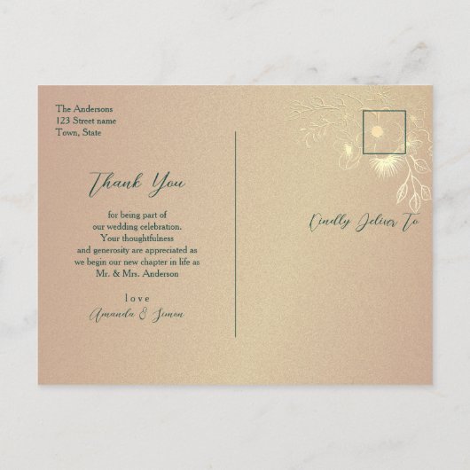 Emerald Gold Floral Wedding Bedankt Briefkaart (Achterkant)