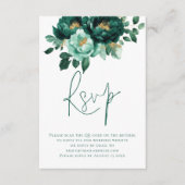 Emerald Gold Flowers Script QR Code Wedding Informatiekaartje (Voorkant)