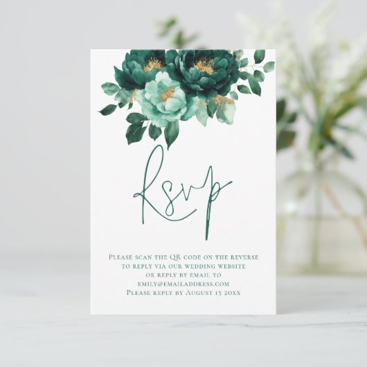 Emerald Gold Flowers Script QR Code Wedding Informatiekaartje (Staand voorkant)