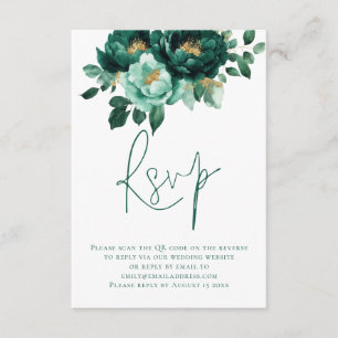 Emerald Gold Flowers Script QR Code Wedding Informatiekaartje