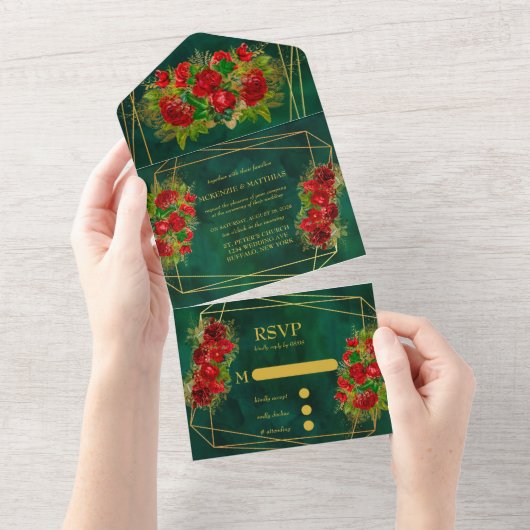 Emerald Gold Geometric Red Floral Wedding All In One Uitnodiging (Afscheurbaar)