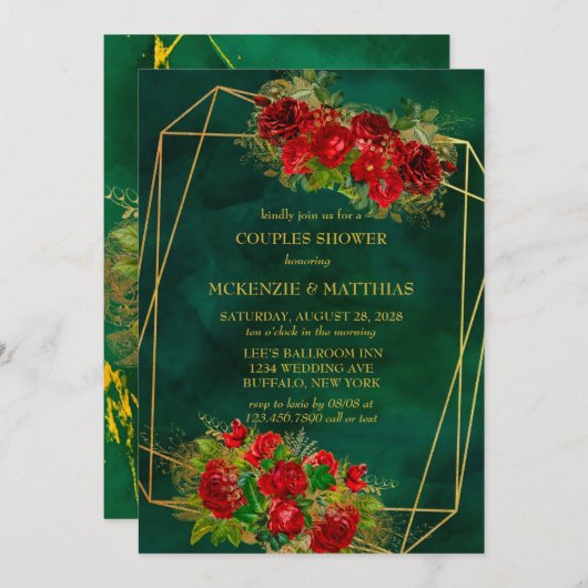 Emerald Gold Geometric Red Florals Couples Shower Kaart (Voorkant / Achterkant)