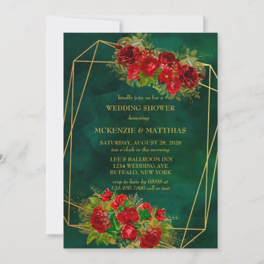 Emerald Gold Geometric Red Florals Wedding Shower Kaart (Voorkant)