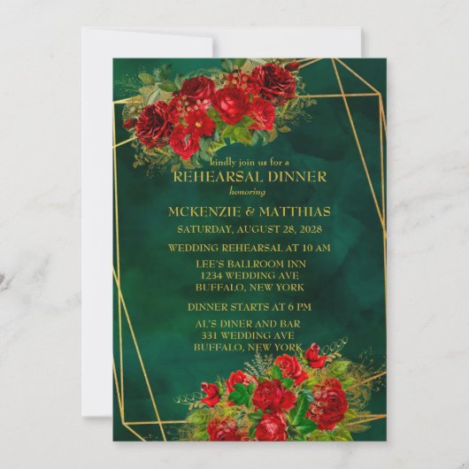 Emerald Gold Geometric Red Rose Rehearsal Dinner Kaart (Voorkant)