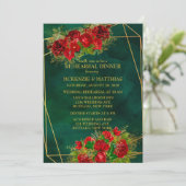 Emerald Gold Geometric Red Rose Rehearsal Dinner Kaart (Staand voorkant)