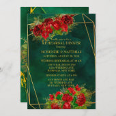 Emerald Gold Geometric Red Rose Rehearsal Dinner Kaart (Voorkant / Achterkant)