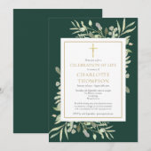 Emerald Gold Greenery Celebration of Life Funeral Kaart (Voorkant / Achterkant)