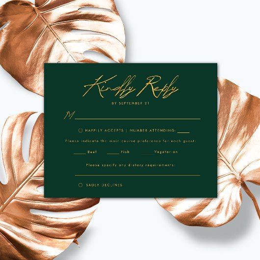 Emerald Gold Handgeschreven Script Elegant Wedding RSVP Kaartje