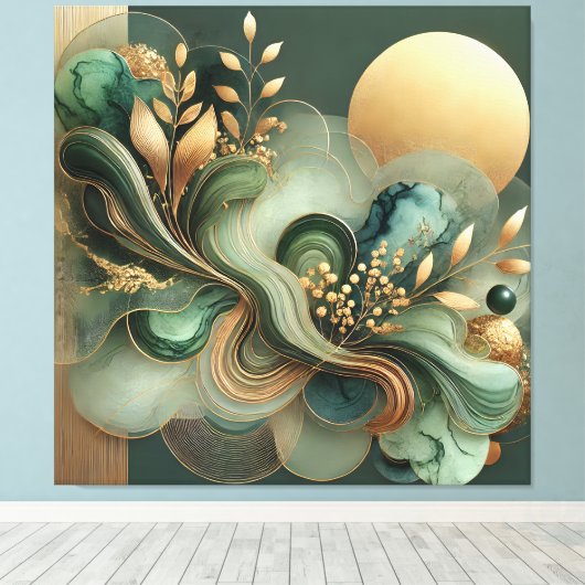 Emerald Gold Harmony Abstracte botanische canvasku Canvas Afdruk (Insitu (Houten vloer))