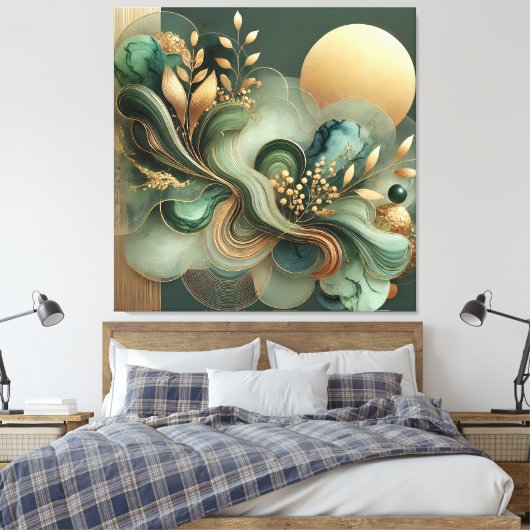 Emerald Gold Harmony Abstracte botanische canvasku Canvas Afdruk (Insitu (Slaapkamer))