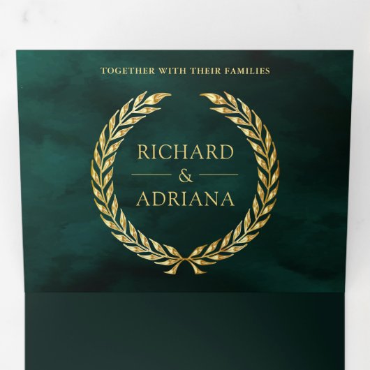 Emerald Gold Laurel minimaal Alles in één bruiloft Drieluik Uitnodiging (Binnenzijde eerst)