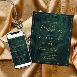 Emerald Gold Leaves Wedding Invitation Digital Kaart