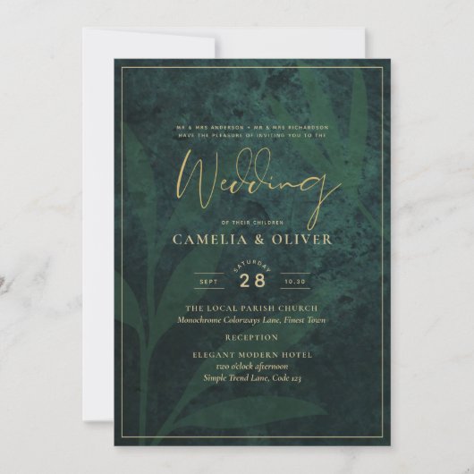 Emerald Gold Leaves Wedding Invitation Digital Kaart (Voorkant)