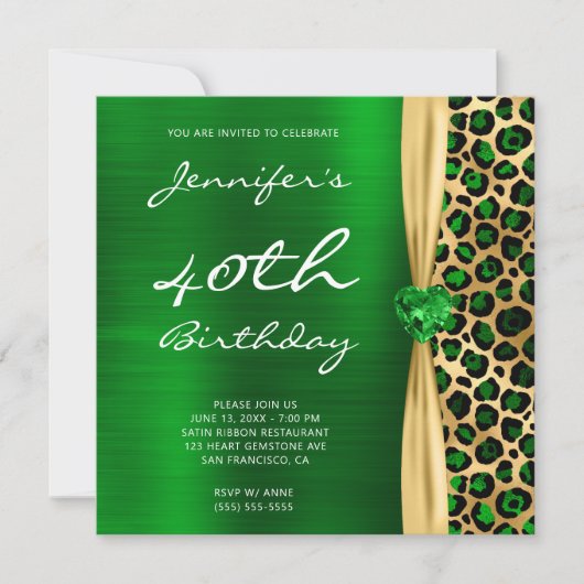 Emerald Gold Leopard Folie Gem Ribbon 40e verjaard Kaart (Voorkant)