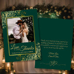 Emerald & Gold Liefde & Bedankt Foto & Notitie Tro<br><div class="desc">Deze prachtige smaragdgroene en gouden trouwbedankkaarten zijn voorzien van uw foto in een faux folie gouden lijst omringd door krullen en wervelingen. Het bijschrift luidt: Liefde en Bedankt, met je namen hieronder. De achterkant heeft een romantische verbonden hart grafiek met ruimte voor een aangepaste notitie en handtekening. Eenvoudig, stijlvol en...</div>