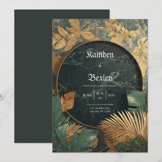 Emerald Gold Marble Tropical VIP Wedding Kaart (Voorkant / Achterkant)