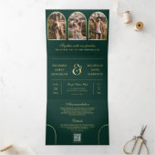 Emerald Gold Minimal Arch Photo QR code Wedding Drieluik Uitnodiging (Binnen)