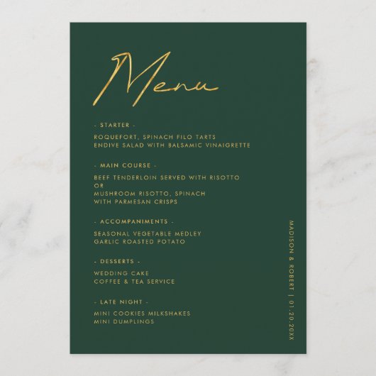 Emerald Gold Moderne Typografie Trouwtafel Menu (Voorkant)