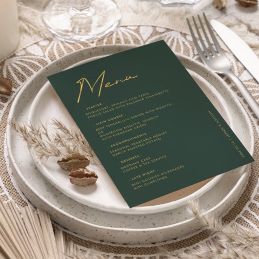 Emerald Gold Moderne Typografie Trouwtafel Menu