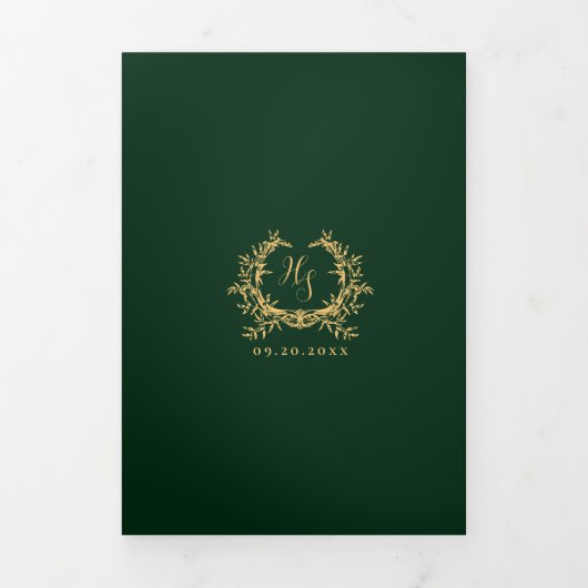 Emerald & Gold Monogram Foto QR Code RSVP Details Drieluik Kaart (Cover)