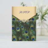 Emerald Gold Peacock Wedding RSVP Kaartje (Staand voorkant)