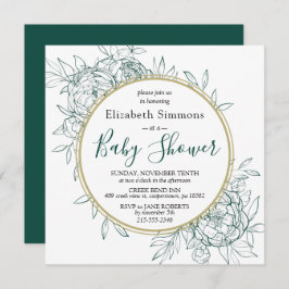 Emerald & Gold Peony Floral Toile Baby shower Kaart